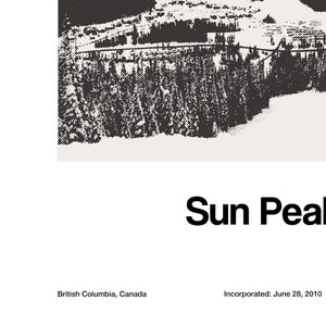 May include: Black and white image of a mountain range with the text "Sun Peaks" in bold, black font. Below the text, it reads "British Columbia, Canada" and "Incorporated: June 28, 2010".