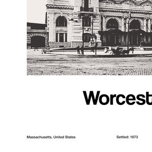 May include: Black and white vintage illustration of a large building with arched doorways and windows. The text "Worcester" is below the image. The text "Massachusetts, United States" is below the building and the text "Settled: 1673" is below the text "Worcester".