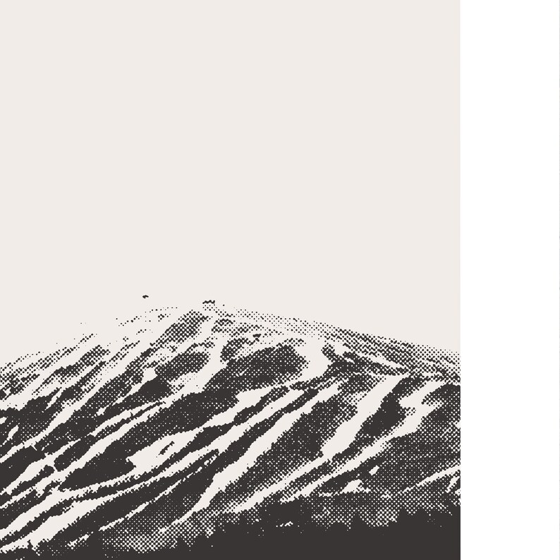 May include: A black and white illustration of a mountain with snow-covered slopes. The mountain is depicted in a stippled style, creating a textured effect.