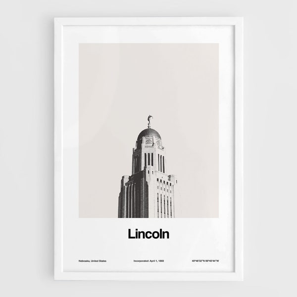 Lincoln Druck, Lincoln Nebraska Skyline Poster, Downtown Lincoln NE, Lincoln Nebraska State Capitol Wandkunst Minimalistischer individueller Stadtdruck