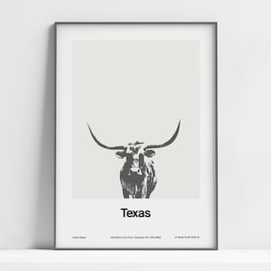 Impresión de Texas, cartel de Texas Longhorn, Texas Ranch negro blanco, Texas State TX Longhorn Farm Photo Wall Art minimalista impresión de ciudad personalizada