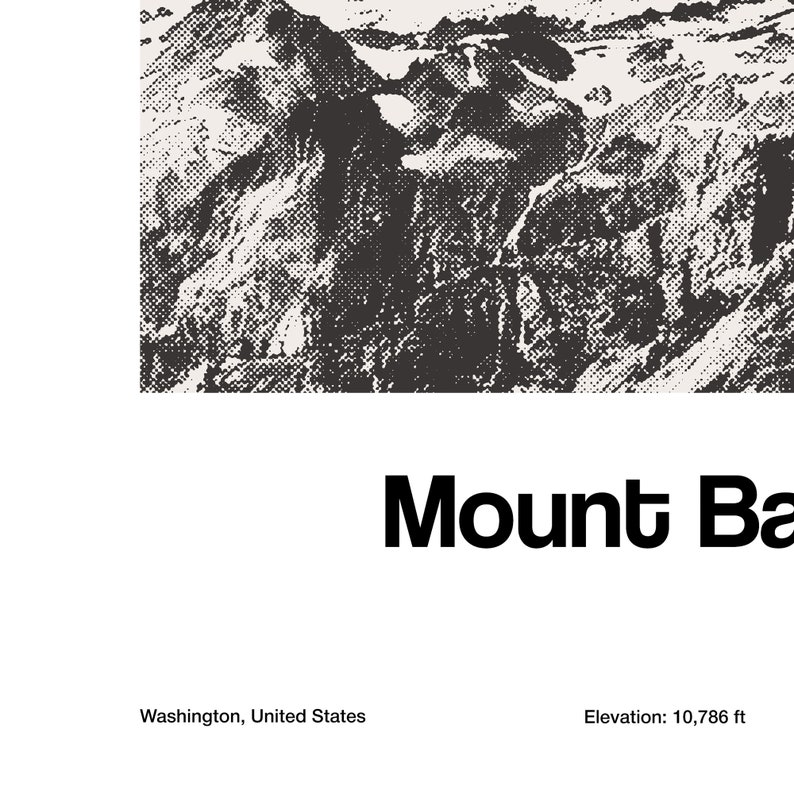 Op de afbeelding: Zwart-witte illustratie van een bergketen met de tekst "Mount Baker", de locatie "Washington, Verenigde Staten" en de hoogte "Hoogte: 10.786 voet".