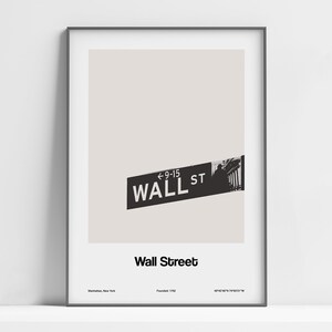 Cartel de Wall Street, Wall Street Sign Manhattan New York Print, Wall Street Lower Manhattan NYC Photo Wall Art Minimalist Custom City Print imagen 1