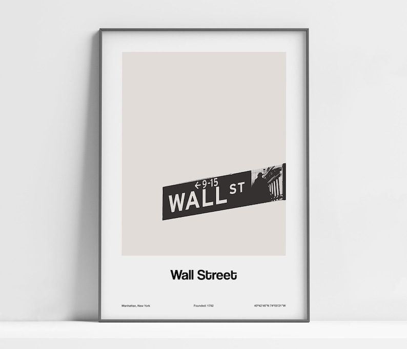 Cartel de Wall Street, Wall Street Sign Manhattan New York Print, Wall Street Lower Manhattan NYC Photo Wall Art Minimalist Custom City Print imagen 1