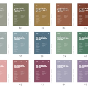 May include: A collection of 15 rectangular posters, each featuring the text "your favourite line from the song goes right here" in white on a colored background. The color palette includes various shades.