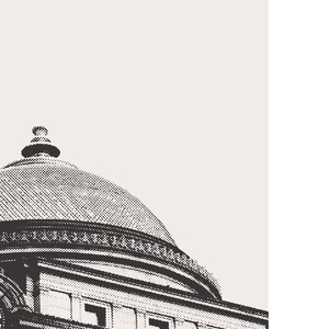 May include: Black and white illustration of a building with a dome roof. The building has a detailed design with a decorative border around the dome.