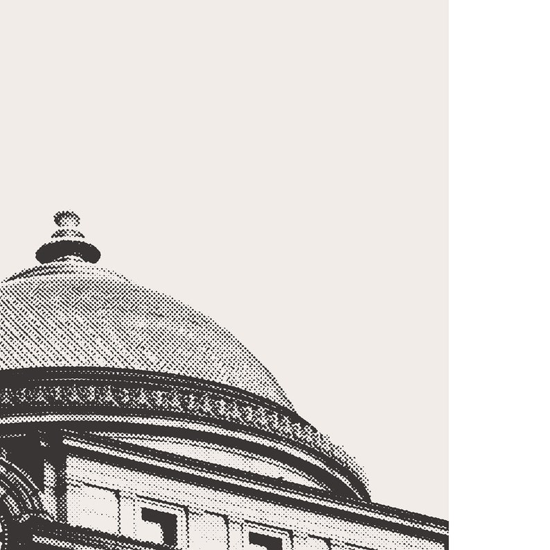 May include: Black and white illustration of a building with a dome roof. The building has a detailed design with a decorative border around the dome.