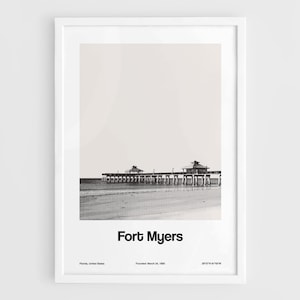Fort Myers Pier FL Print, Fort Myers Beach Florida Poster, Fishing Pier Fort Myers Florida Black White Wall Art Minimalist Custom City Print