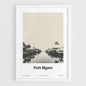 Fort Myers Print, Downtown Fort Myers Florida Skyline Poster, Fort Myers FL Black White, Ft. Myers Wall Art Minimalist Custom City Print