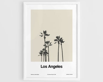 May include: A minimalist poster with a beige background and a black silhouette of palm trees. The text "Los Angeles" is printed in black at the bottom of the poster.
