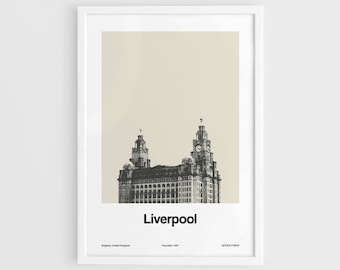 Liverpool Print, Liverpool city Skyline, Royal Liver Building, Pier Head Liver Birds Poster Wall Art Minimalist Custom City Print by Artica