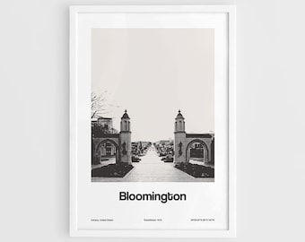 Bloomington Indiana Print, Bloomington IN Poster, Bloomington Sample Gates Black White Photo Wall Art Minimalist Custom City Town Print