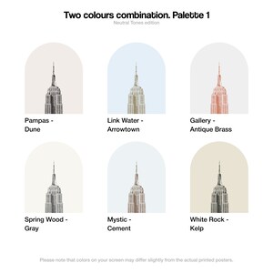May include: A digital illustration of six colour palettes with the text "Two colours combination. Palette 1" and "Neutral Tones edition". Each palette features a different colour combination with a black and white illustration of the Empire State Building.