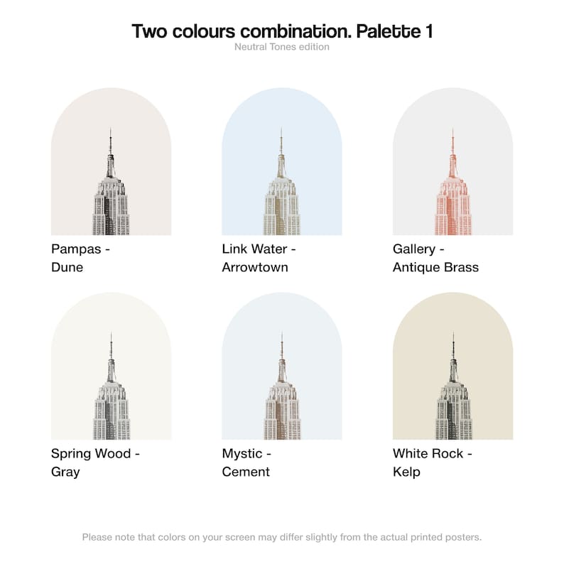 May include: A digital illustration of six colour palettes with the text "Two colours combination. Palette 1" and "Neutral Tones edition". Each palette features a different colour combination with a black and white illustration of the Empire State Building.