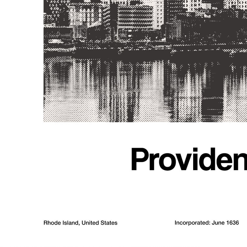 Op de afbeelding: Een zwart-wit gepixelde afbeelding van een skyline met de tekst "Providence" eronder. De tekst "Rhode Island, Verenigde Staten" staat onder de afbeelding en de tekst "Ge&iuml;ncorporeerd: juni 1636" staat onder de tekst "Providence".