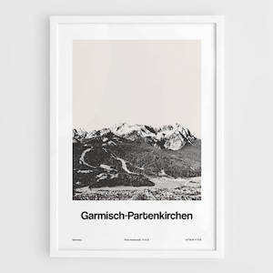 Garmisch Partenkirchen Print, Alpine ski town Poster in Bavaria Alps Germany Zugspitze Mountain Wall Art Minimalist Custom City Print