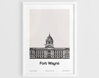 Fort Wayne Indiana Print, centre-ville Fort Wayne Allen County Courthouse IN Indiana Fort Wayne Wall Art Minimalist Custom City Print