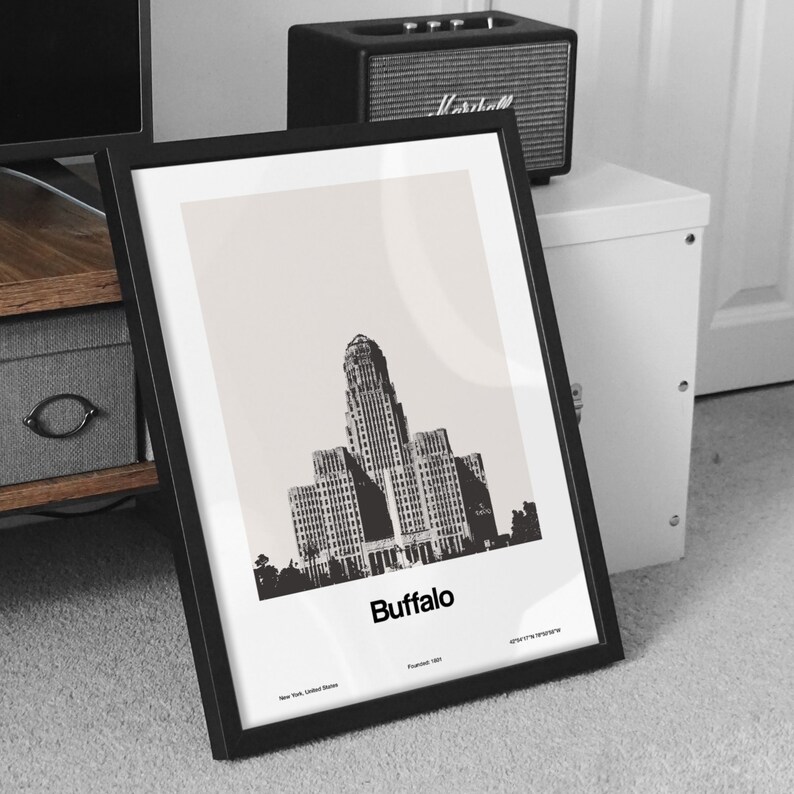 May include: Black and white illustration of the Buffalo City Hall building with the text "Buffalo" below the image. The text "New York, United States" and "Founded 1832" are in smaller font below the city name.