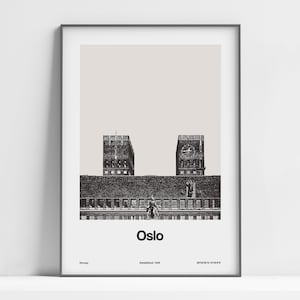 Oslo Print, Oslo Poster, Oslo City Hall Skyline, Scandinavian Oslo Norway Travel, Nordic Black White Wall Art Minimalist Custom City Print