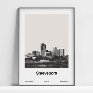 Shreveport Louisiana Poster, Downtown Shreveport LA Print, Shreveport Skyline Black White, Shreveport Wall Art Minimalist Custom City Print