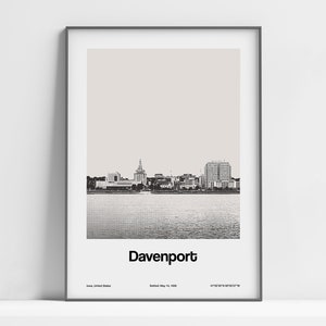 Downtown Davenport Print, Davenport IA Poster, Davenport Iowa State Mississippi River, Davenport Wall Art Minimalist Custom City Print