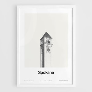 Spokane WA Print, Spokane Washington Poster, Great Northern clock tower Spokane Riverfront Park Wall Art Minimalist Art Custom City Print