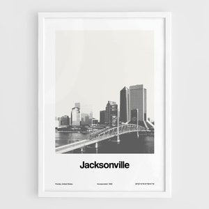 Jacksonville Poster, Jacksonville FL Print, Jacksonville Florida Skyline Jax St Johns River Wall Art Minimalist Custom City Print by Artica