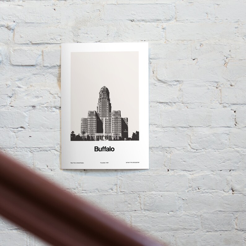 May include: Black and white illustration of the Buffalo City Hall building, with the word "Buffalo" printed below the building.