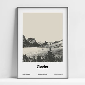 Glacier National Park Print, Glacier MT Poster, Glacier Montana Mountains, Glacier Saint Mary Lake Wall Art Minimalist Custom Parks Print