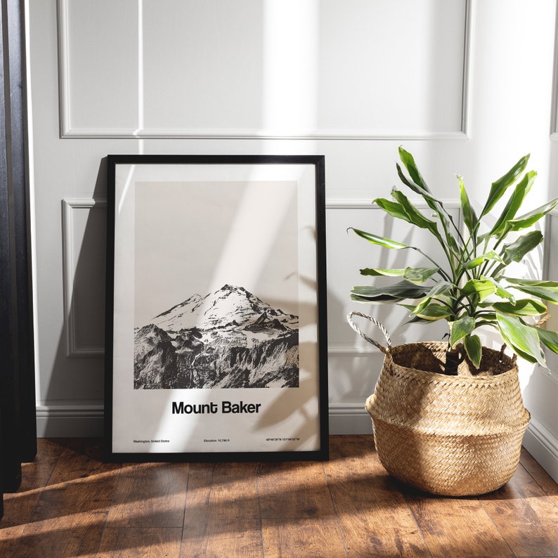 Op de afbeelding: Zwart-witfoto van Mount Baker in de staat Washington, ingelijst in een zwart frame en hangend aan een witte muur. Een groene plant in een geweven mand staat voor het frame.