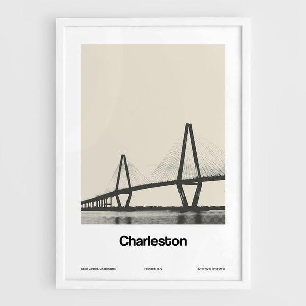 Charleston SC Print, Charleston Bridge Poster, Charleston Arthur Ravenel Jr. Bridge South Carolina Wall Art Minimalist Custom City Print