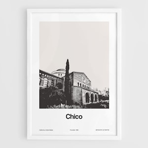 Chico California Print, Chico CA Poster, Kendall Hall en Chico State CA Skyline Black White Wall Art Minimalist Custom City Print