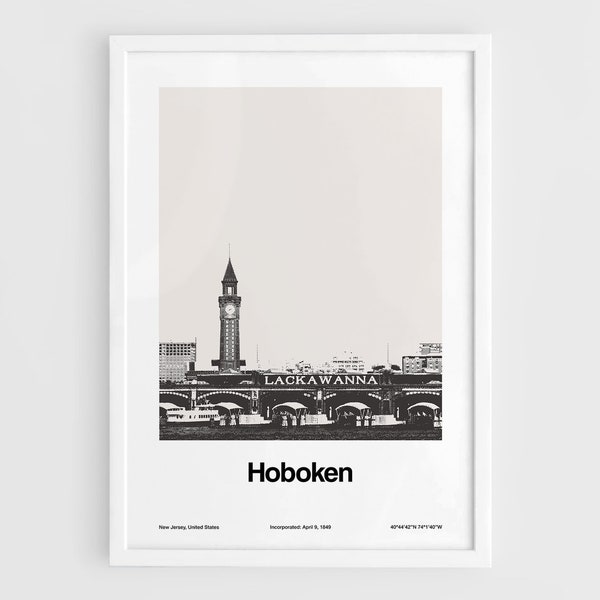 Hoboken New Jersey Print, Hoboken NJ Poster, Hoboken Terminal Skyline New Jersey Hudson River Wall Art Minimalist Custom City Print