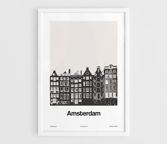 Amsterdam Print, Netherlands Amsterdam Poster, Amsterdam skyline, Amsterdam House Canals Wall Art Minimalist Custom City Print by Artica