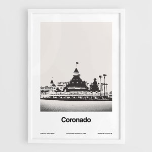 Coronado California Poster, Coronado CA Print, Coronado  San Diego Bay, Coronado Photo Black White Wall Art Minimalist Custom City Print