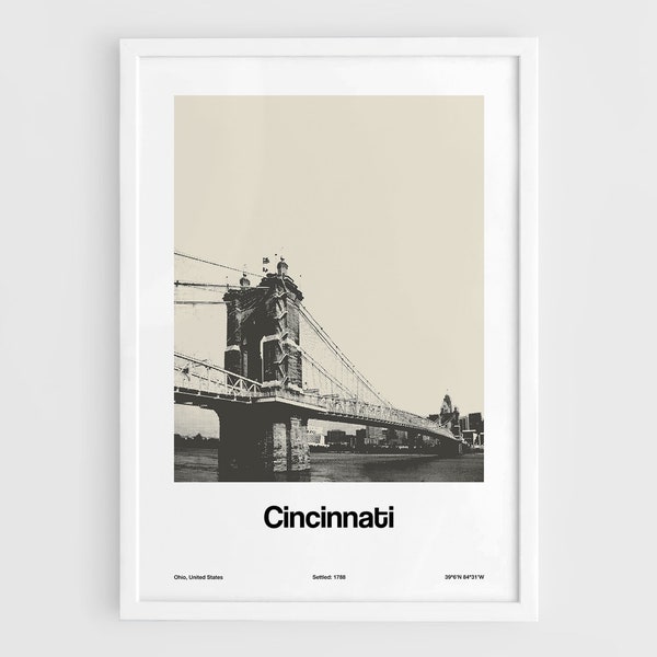 Cincinnati Print, Cincinnati Ohio Poster, Cincinnati The Roebling Suspension Bridge Skyline Wall Art Minimalist Custom City Print by Artica