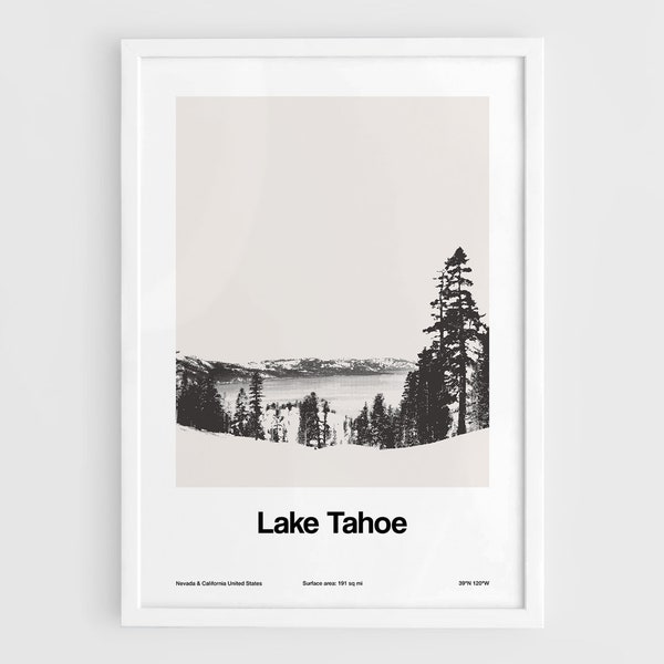 Lake Tahoe Poster, Lake Tahoe Nevada Print, Lake Tahoe California,  Lake Tahoe Black White Photo Wall Art Minimalist Custom Mountains Print