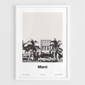 Miami Beach Historic Photo Print, Art Deco District Miami Florida Poster Skyline Black White Wall Art Minimalist Custom City Print by Artica image 1