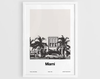 Impresión fotográfica histórica de Miami Beach, póster del distrito Art Déco de Miami, Florida, con el horizonte en blanco y negro, arte de pared minimalista, impresión personalizada de la ciudad de Artica