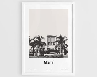 Miami Beach Historic Photo Print, Art Deco District Miami Florida Poster Skyline Black White Wall Art Minimalist Custom City Print by Artica