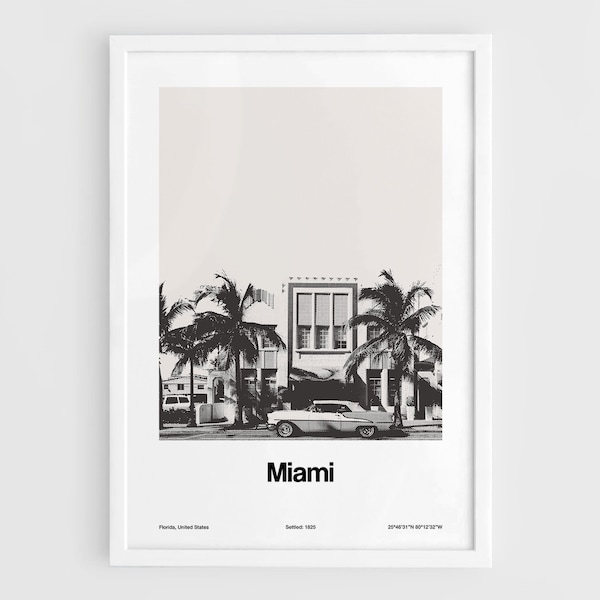 Miami Beach Historic Photo Print, Art Deco District Miami Florida Poster Skyline Black White Wall Art Minimalist Custom City Print by Artica