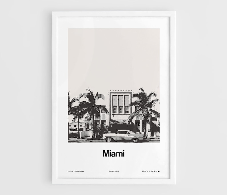 Miami Beach Historic Photo Print, Art Deco District Miami Florida Poster Skyline Black White Wall Art Minimalist Custom City Print by Artica image 1