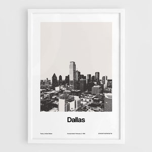 Affiche de la ligne d&#39;horizon de Dallas, impression de Dallas TX, centre-ville de Dallas au Texas, art mural photo noir et blanc de Dallas, impression de ville personnalisée minimaliste