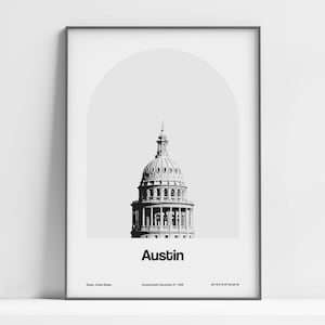 Austin TX Print, Austin Texas Poster, Austin Texas State Capitol Building, Austin Black White Wall Art Minimalist Custom City Arch Print