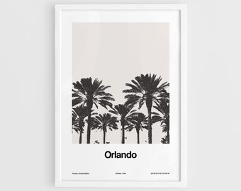 Orlando FL Print, Downtown Orlando Florida Palms Poster, Orlando FL Black White, Central Florida Palm Wall Art Minimalist Custom City Print
