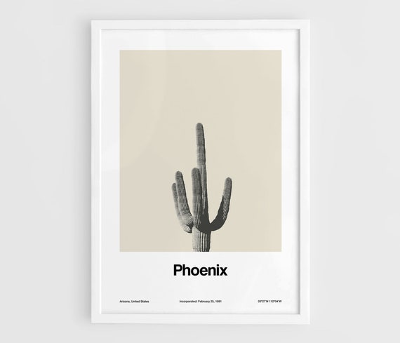 Phoenix AZ Poster, Phoenix Arizona Saguaro Cactus Minimalism Print McDowell Mountains Wall Art Minimalist Custom City Print by Artica