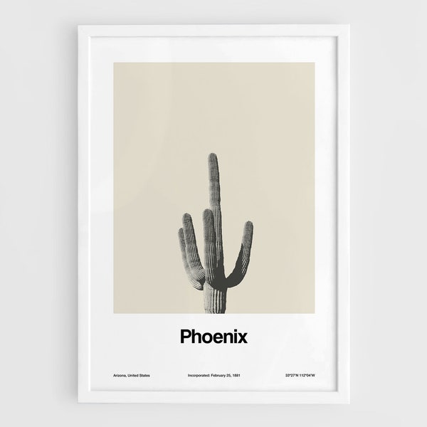 Phoenix AZ Poster, Phoenix Arizona Saguaro Cactus Minimalism Print McDowell Mountains Wall Art Minimalist Custom City Print by Artica