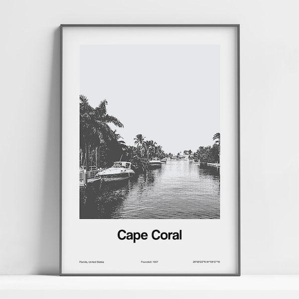 Cape Coral Florida Poster, Cape Coral FL Print, Downtown Cape Coral Black White Photo, Cape Coral Wall Art Minimalist Custom City Print