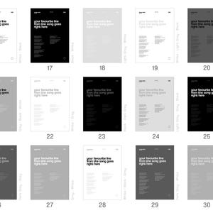 May include: A collection of minimalist posters with the text "your favourite line from the song goes right here." Each poster features a different color scheme, including black, white, and various shades of gray. The posters are a modern design.
