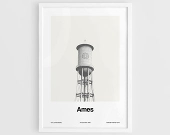 Ames Water Tower Print, Ames Poster, Ames Iowa State Town Black White, Ames Wall Art Minimalist Custom City Town Print
